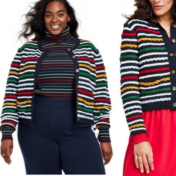 π LA LIGNE x Target Women's Textured Striped Cardigan Sweater Navy Red Yellow - Picture 4 of 17